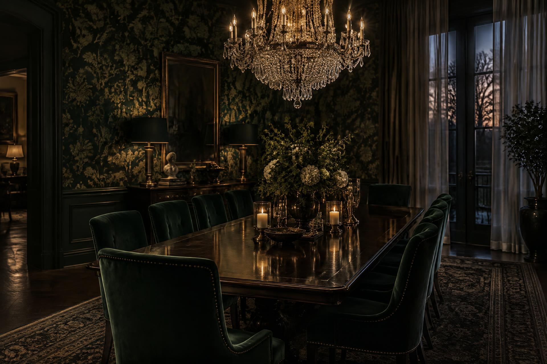 Emerald Dining Room — Damask botanical wallcovering, seams matched under candlelight